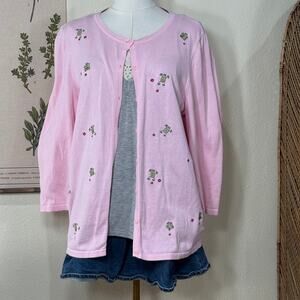 Y2k Pink Embroidered Frog Cardigan Sweater Grandma Novelty Art Teacher Whimsy L